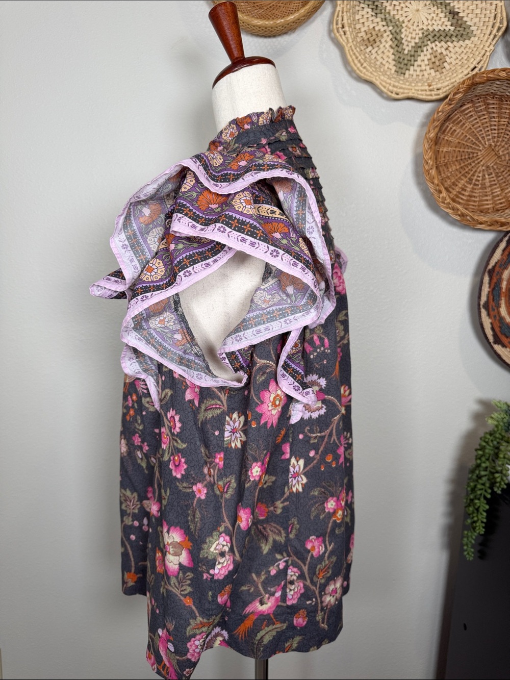 Sundance Marcleine Floral Top Coquette Ruffle Pintuck Boho Cottagecore Large - Picture 5 of 14